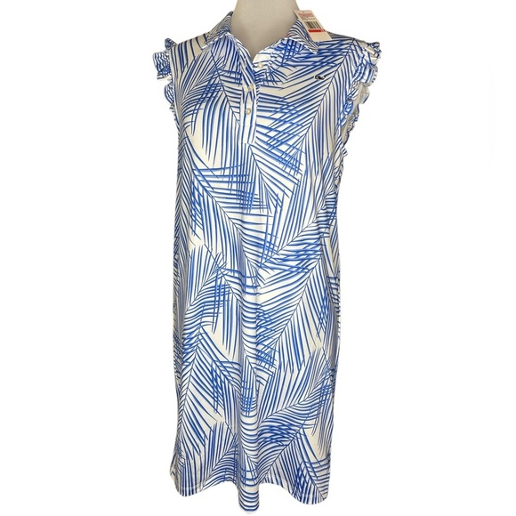 Vineyard Vines Blue Palm Print Sleeveless Ruffle Performance Dress Womens XS NWT - Picture 1 of 6